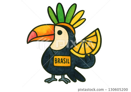 Colorful toucan tourist wearing carnival feather headdress holding fruit slice PNG transparent background with clean lines 130605200