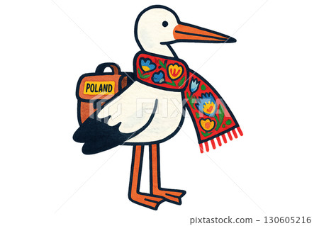 Charming white stork tourist wearing traditional Polish folk Wycinanki scarf on transparent PNG background 130605216