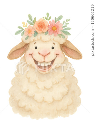 Cheerful fluffy sheep wearing a colorful flower crown and goofy grin PNG image with clean lines on transparent background 130605219