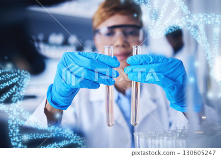 Genetics hologram, science test tube and black woman in laboratory for research, medical study and experiment. Healthcare, pharmaceutical and hands of scientist with liquid, medicine and dna strand Genetics hologram, science test tube and black woman in laboratory for research, medical study and experiment. Healthcare, pharmaceutical and hands of scientist with liquid, medicine and dna strand 130605247