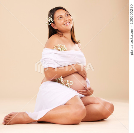 Pregnancy, pregnant woman and smile with flowers sitting, beauty and glow isolated on studio background. Skin, shine and natural cosmetics with nature, happy mother with prenatal cosmetic care mockup Pregnancy, pregnant woman and smile with flowers sitting, beauty and glow isolated on studio background. Skin, shine and natural cosmetics with nature, happy mother with prenatal cosmetic care mockup 130605250