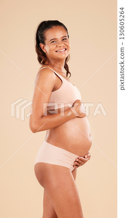 Pregnancy portrait, lingerie or studio woman with smile, happy and excited for baby, stomach growth or motherhood. Gynecology care, maternity wellness or pregnant model with healthcare, love and hope Pregnancy portrait, lingerie or studio woman with smile, happy and excited for baby, stomach growth or motherhood. Gynecology care, maternity wellness or pregnant model with healthcare, love and hope 130605264