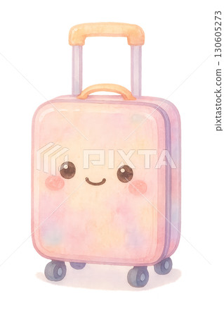 Cheerful pastel colored rolling suitcase with smiling face PNG transparent background illustration 130605273