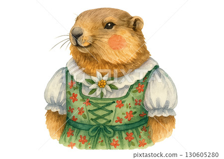 Whimsical alpine marmot wearing floral dirndl with edelweiss brooch rosy cheeks isolated transparent PNG background 130605280