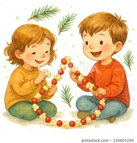 Playful children stringing popcorn and cranberry garland amidst pine sprigs with soft watercolor splashes on transparent background 130605294