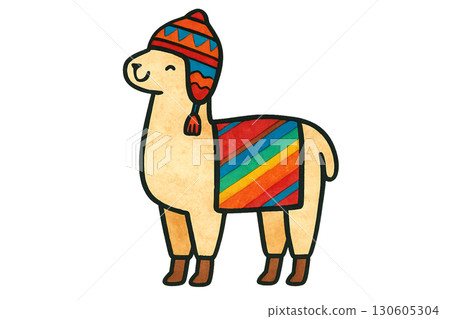 Cute alpaca tourist wearing colorful chullo hat and woven blanket in Peru transparent PNG with clean lines Cute alpaca tourist wearing colorful chullo hat and woven blanket in Peru transparent PNG with clean lines 130605304