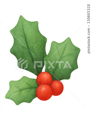 Clean Lines decorative round green holly branch wreath with bright red berries on transparent background illustration 130605328