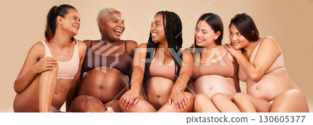 Laughing, bonding and pregnant women sitting on floor in community, diversity support or body wellness. Smile, happy and pregnancy friends in underwear with funny, comedy or comic joke for healthcare Laughing, bonding and pregnant women sitting on floor in community, diversity support or body wellness. Smile, happy and pregnancy friends in underwear with funny, comedy or comic joke for healthcare 130605377