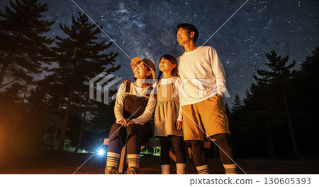 一家三口一起露營，仰望星空 130605393