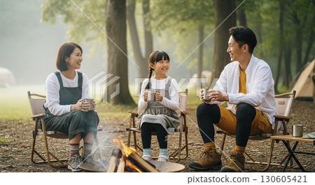 一家人在露營地的營火旁喝著熱飲 130605421