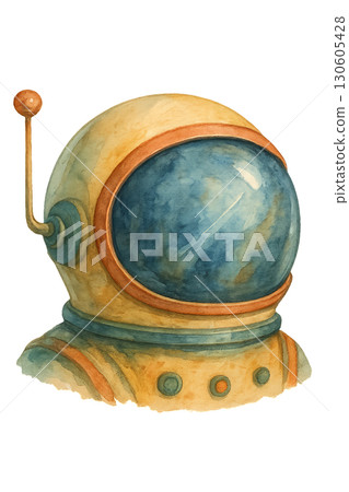 Clean Lines Watercolor mid century reflective space exploration helmet PNG with transparent background 130605428