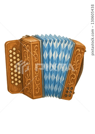 Traditional Bavarian Accordion Instrument with Carved Wood Details and Blue White Checkered Pattern on Transparent Background PNG 130605438