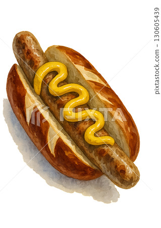 Close up of grilled bratwurst sausage in a pretzel roll topped with mustard swirl on transparent background PNG overlay 130605439
