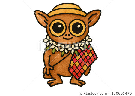 Charming small tarsier tourist wearing traditional banig weave scarf and sampaguita garland PNG transparent background 130605470