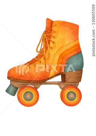 Colorful Retro Roller Skate With Rainbow Wheels PNG Clean Lines Illustration On Transparent Background With Watercolor Texture 130605509