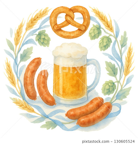 Watercolor ring of wheat and hops framing pretzels and sausages around foamy beer stein with light Bavarian blue accents on transparent background PNG image 130605524