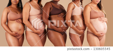 Pregnancy, body or women touching stomach in support, love or community diversity on studio background. Pregnant, friends or mothers in underwear for belly growth, empowerment or healthcare wellness 130605545
