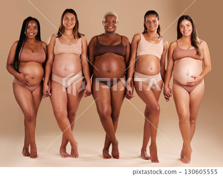 Pregnant, women or diversity portrait with stomach on studio background in body love, baby or community support. Smile, happy or pregnancy friends in underwear for tummy growth or mothers empowerment 130605555