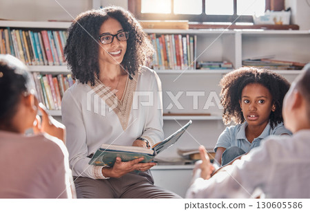Storytelling, teacher or students with questions in a classroom or library for learning development. Education, kids or children listening to a black woman asking for feedback on fun books at school Storytelling, teacher or students with questions in a classroom or library for learning development. Education, kids or children listening to a black woman asking for feedback on fun books at school 130605586