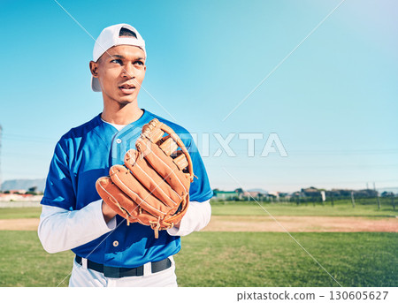 Mockup, baseball and man with glove, fitness and ready for game, confident and focus outdoor. Male athlete, gentleman and player with uniform, training and playing with endurance and determination 130605627