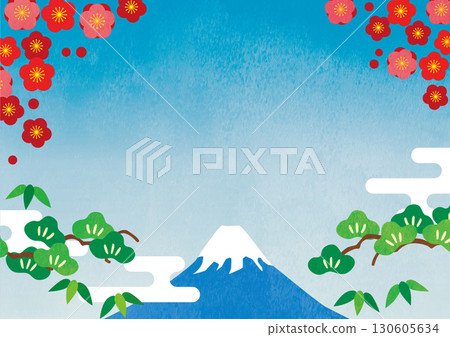 Mt. Fuji with pine trees, bamboo grass, clouds and plum blossoms 130605634