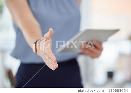Handshake, deal and business woman welcome with trust, support and hello. Closeup worker offer shaking hands for introduction, meeting and job interview for networking, recruitment and promotion 130605664