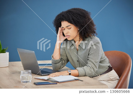 Business, laptop and black woman with headache, stress and burnout in office, overworked and deadline. Corporate, African American female employee and tired leader with pain, depression or frustrated Business, laptop and black woman with headache, stress and burnout in office, overworked and deadline. Corporate, African American female employee and tired leader with pain, depression or frustrated 130605666