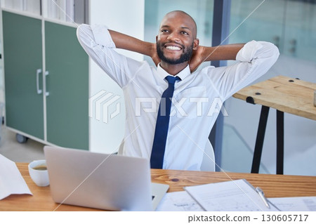Business laptop, black man and relax in office after finishing project or complete task. Break, thinking or male worker resting after hard work, writing email or planning finance strategy in company 130605717