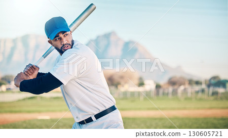 Baseball swing, athlete and mountains of a professional player from Dominican Republic outdoor. Sport field, bat and sports helmet of a man doing exercise, training and workout for a game with mockup 130605721