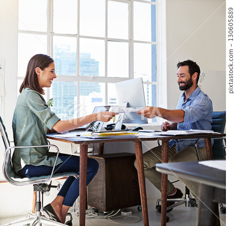 Collaboration, sharing and man and woman at creative agency, team planning and working together on startup project. Teamwork, computer and web, employees or happy business people at design office. 130605889