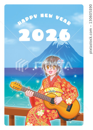 New Year's card 2026 - Girl in kimono playing guitar in front of Mount Fuji 130605890
