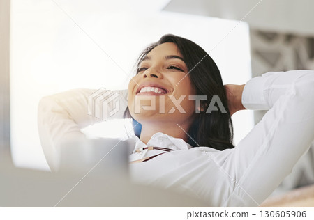 Relax, smile and business woman rest in office complete, done and finished with online project on laptop. Productivity, happy and female worker calm after working on computer, typing email or task 130605906