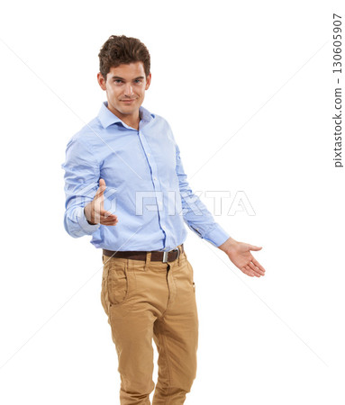 Studio, portrait and man with handshake gesture for investment deal, b2b contract or business agreement. Human resources, lawyer hiring welcome and HR manager hand shake isolated on white background 130605907