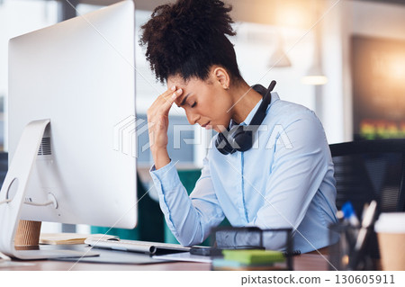 Headache, customer support and black woman with stress in crm service, online support and computer problem. Burnout, telemarketing and female consultant with tired, frustrated and anxiety with client Headache, customer support and black woman with stress in crm service, online support and computer problem. Burnout, telemarketing and female consultant with tired, frustrated and anxiety with client 130605911