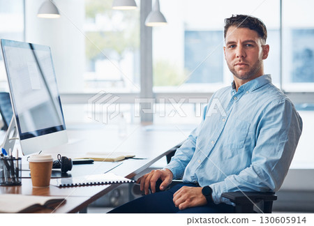Businessman, portrait and serious financial advisor by computer with documents in sales sitting by office desk. Corporate male employee by desktop PC on chair ready for finance advice, loan or help Businessman, portrait and serious financial advisor by computer with documents in sales sitting by office desk. Corporate male employee by desktop PC on chair ready for finance advice, loan or help 130605914