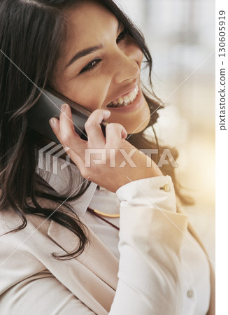 Business woman, phone call and communication with smile, networking and telecom with professional deal negotiation. Happy female employee, corporate and conversation with contact and connection Business woman, phone call and communication with smile, networking and telecom with professional deal negotiation. Happy female employee, corporate and conversation with contact and connection 130605919