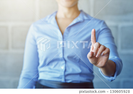 Touch, digital and vr with hand of woman for augmented reality, technology and ui search. Biometric, virtual and 3d interface with executive employee and fingerprint for internet, networking and data 130605928