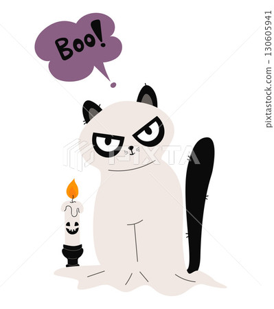 Halloween Cute Black Cat Ghost with Candle. Autumn holiday Funny Pet character. Vector illustration. Not AI 130605941