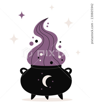 Magic Spooky black cauldron with purple potion smoke. Vector illustration perfect for Halloween or witchcraft design. Not AI 130605942