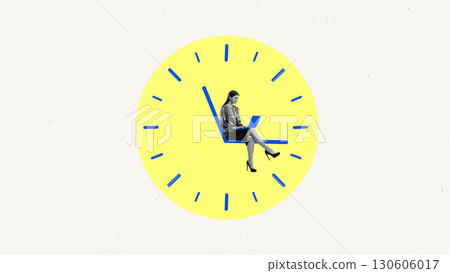 Surreal collage. Woman working with laptop sitting on clock hand Surreal collage. Woman working with laptop sitting on clock hand 130606017