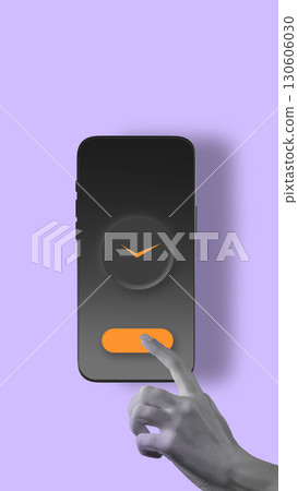 Graphic composition. Smartphone with clock interface and hand pressing button on purple background surreal style 130606030