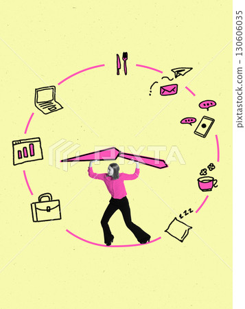 Creative collage. Woman holding giant clock hands surrounded by daily routine icons on yellow background 130606035