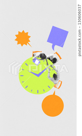 People sitting around green clock table with speech bubbles in surreal business collage 130606037