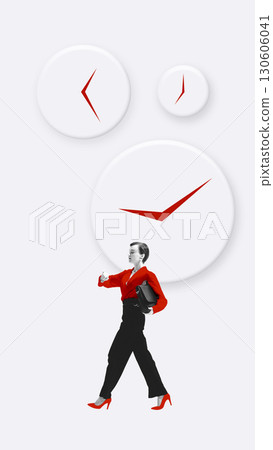 Woman in red shirt walking with briefcase against large floating clocks in surreal composition Woman in red shirt walking with briefcase against large floating clocks in surreal composition 130606041