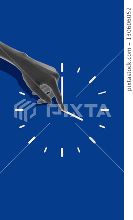 Hand adjusting clock hands on blue background in surreal minimal collage Hand adjusting clock hands on blue background in surreal minimal collage 130606052