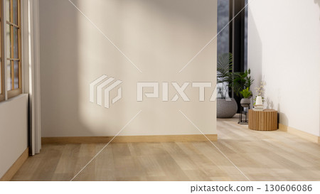 An empty white wall of a room at the end of wooden floor corridor or hallway. Gallery photo wall. 130606086