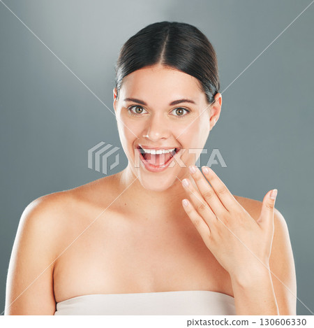 Beauty, skincare and wow with portrait of woman for product, facial or spa cosmetics. Discount, glow and self care with face of girl model and hands for announcement, makeup or dermatology promo 130606330