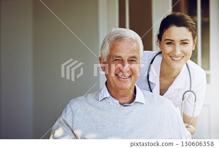 Portrait, smile and old man in wheelchair with caregiver at nursing home for disability and rehabilitation. Healthcare, disability and happy senior with nurse together in house or retirement center. 130606358