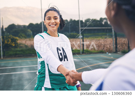 Woman, sports and smile for handshake, partnership or friends in fun game on the court together. Happy sporty female shaking hands with competitor or player for training match, fitness or workout Woman, sports and smile for handshake, partnership or friends in fun game on the court together. Happy sporty female shaking hands with competitor or player for training match, fitness or workout 130606360