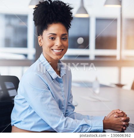 Black woman, business face and portrait in office with pride for career or job as leader. Young entrepreneur person happy about growth, development and mindset to grow corporate company at desk Black woman, business face and portrait in office with pride for career or job as leader. Young entrepreneur person happy about growth, development and mindset to grow corporate company at desk 130606362